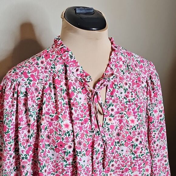 Cynthia Rowley 1X Pink and Green Floral Georgette Peasant Top Blouse - Picture 2 of 8